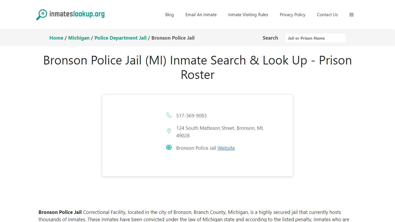 Bronson Police Jail (MI) Inmate Search & Look Up - Prison Roster